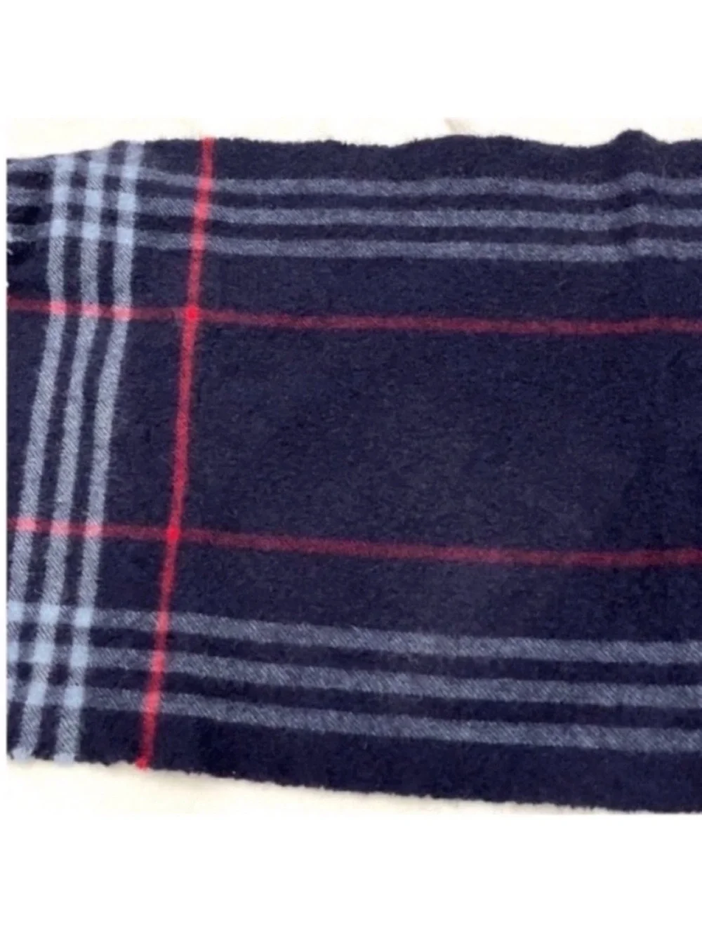 Burberry Cashmere Navy Plaid Fringe Scarf with Red Accent One Size